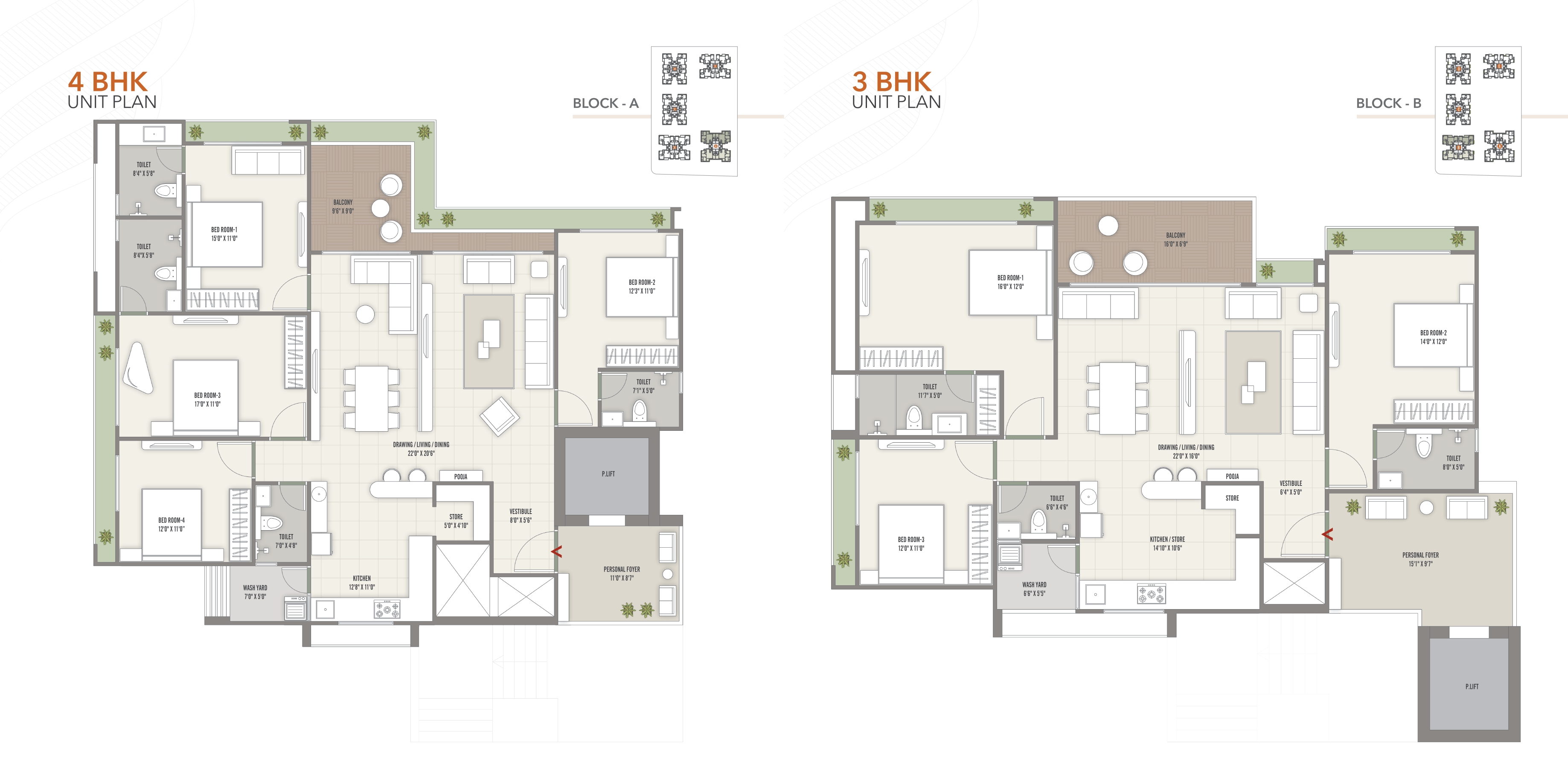 3BHK & 4BHK Unit Plan - Block A & B