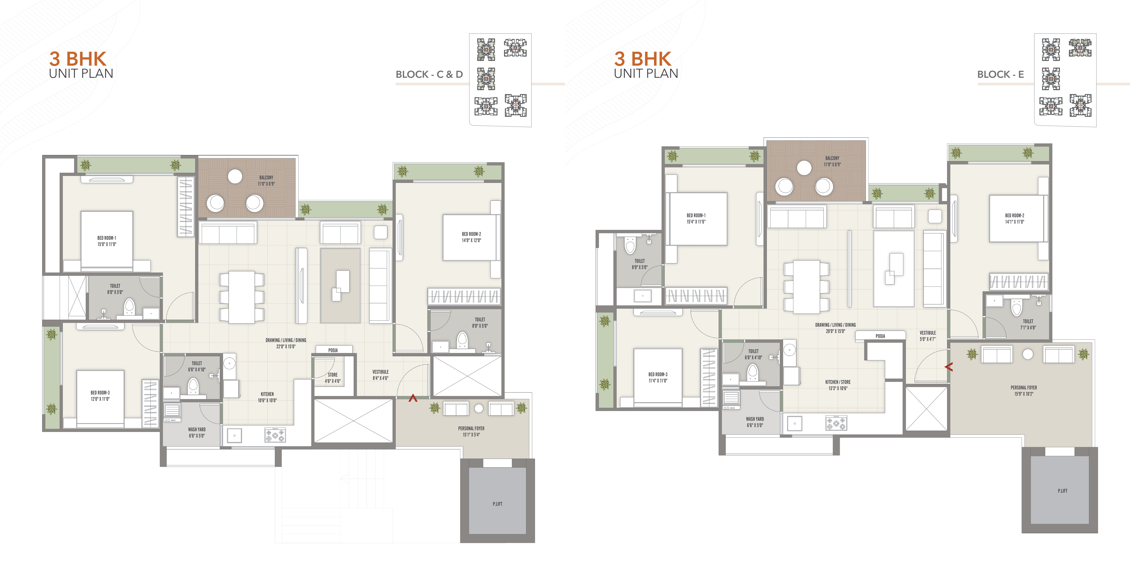 3BHK Unit Plan - Block C, D & E